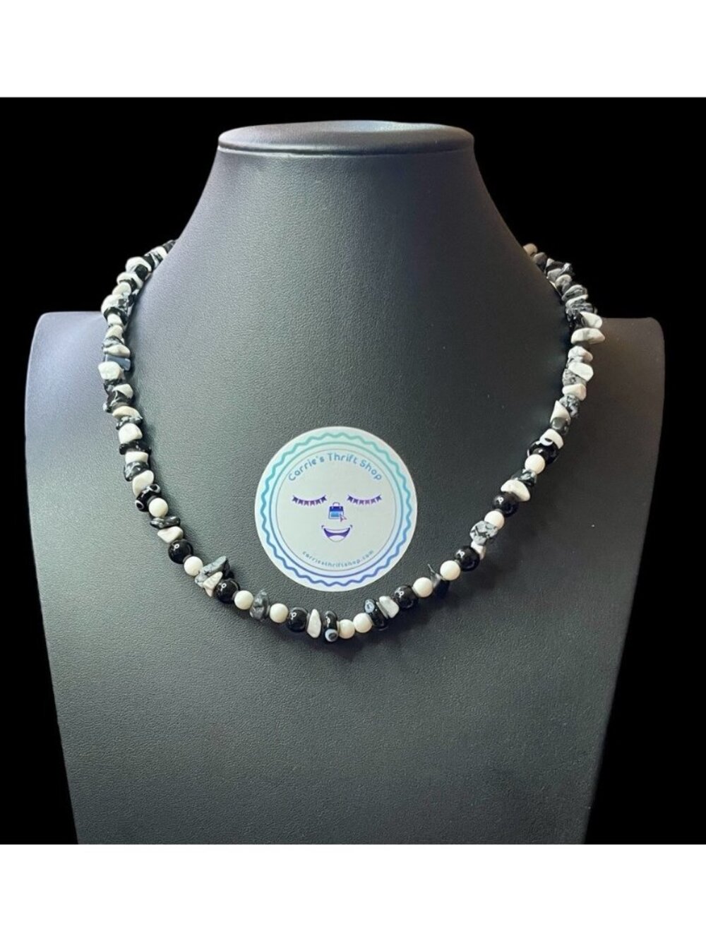 Evil Eye Natural Stone Beaded Necklace Black & White Howlite Chip Beads 20” Boho